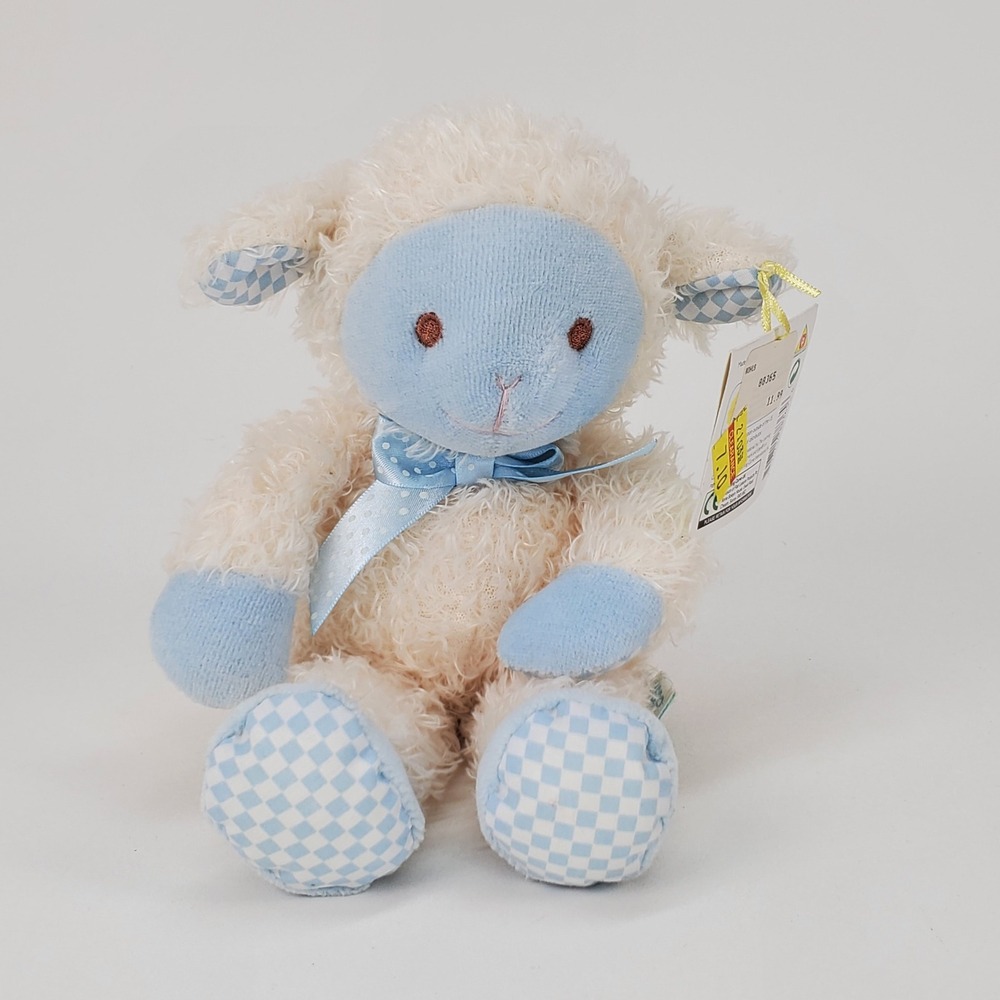 Eden Fuzzy Lamb Plush Stuffed Animal Blue Cream Checkered 6 Inch 88365 NWT